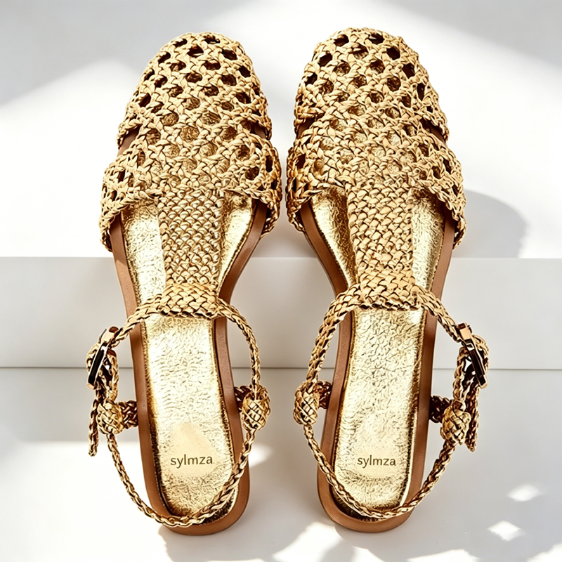 Mesh Strap Metal - Golden Mesh Woven Flat Sandals Women